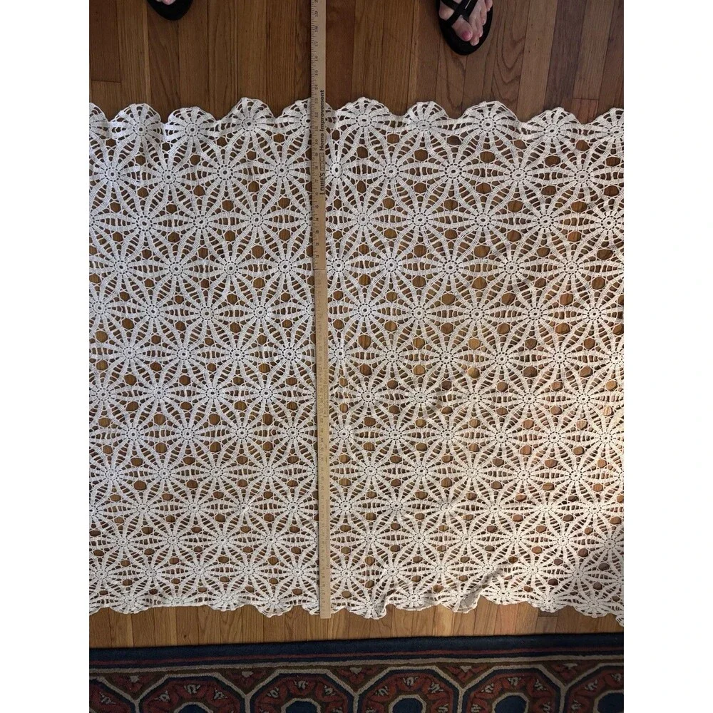 Vintage Handmade Tablecloth Large Crochet Lace Scallop Edge Cottage Ivory